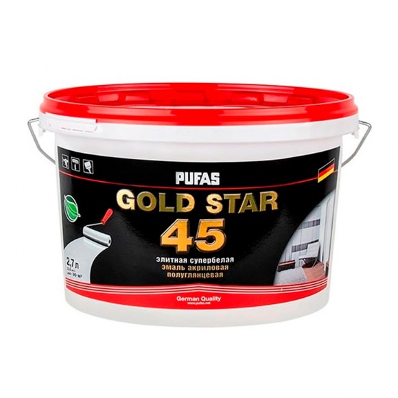Эмаль акриловая супербелая Pufas Gold Star 45 п/глянц. мороз. (2,7 л)